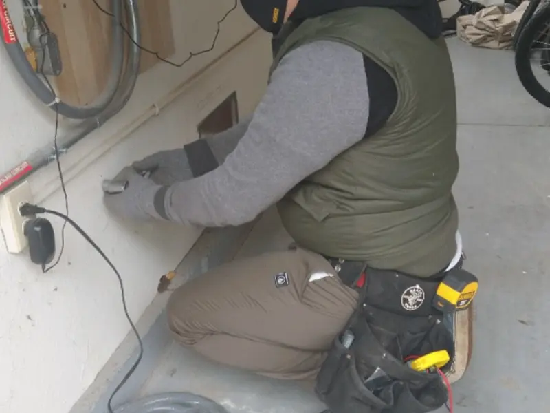 Electrician performing outlet wiring in a Marysville garage